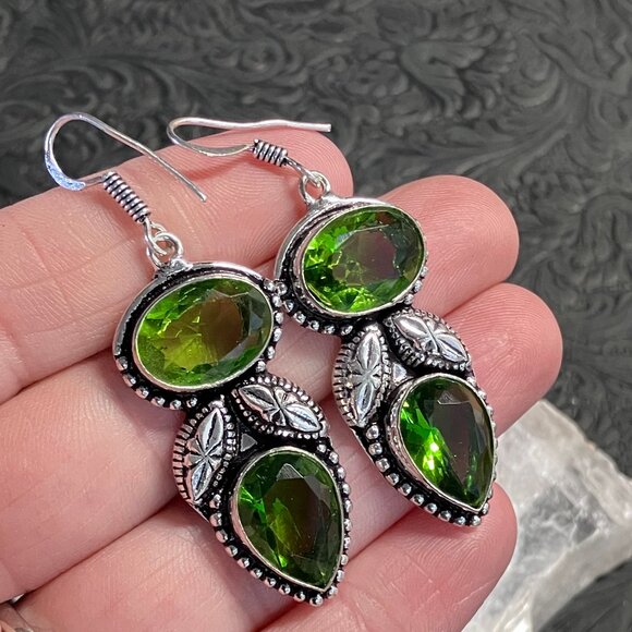 Green Peridot Fairycore Witchy Earrings Stone Crystal Jewelry - Picture 3 of 6